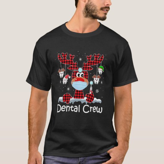 歯科用クルーのクリスマスライトトナカイ赤い格子縞も Tシャツ (正面)