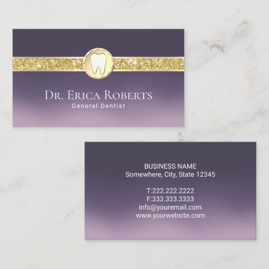 歯科用モダン金ゴールド歯のロゴ紫グラデーション歯科 名刺 (正面/裏面)
