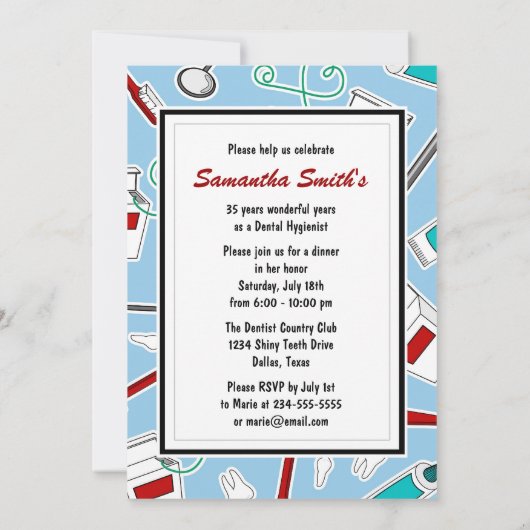 歯科衛生士/歯科医の退職パーティー-青 招待状 (裏面)