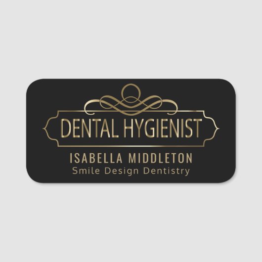 歯科衛生士-華美な黒および金ゴールド 名札 (正面)