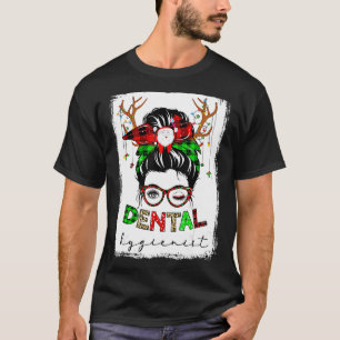 歯科衛生士Messy Bun Leopard Plaid Christmtas Tシャツ