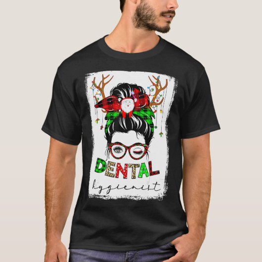 歯科衛生士Messy Bun Leopard Plaid Christmtas Tシャツ (正面)