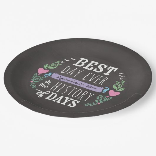 歴史の最も最高のな日、黒板の結婚式の日付 ペーパープレート (アングル)