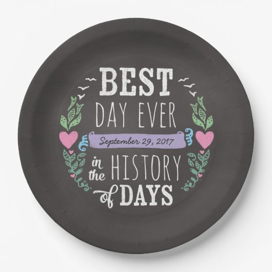 歴史の最も最高のな日、黒板の結婚式の日付 ペーパープレート (正面)