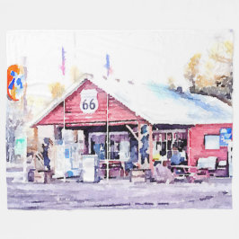 歴史的なルート66のアリゾナの雑貨店の水彩画 フリースブランケット