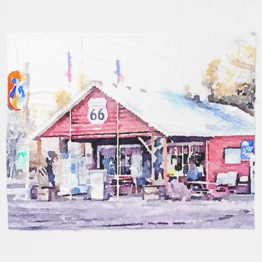歴史的なルート66のアリゾナの雑貨店の水彩画 フリースブランケット (正面(横))