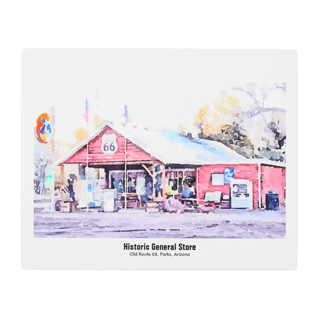 歴史的なルート66のアリゾナの雑貨店の水彩画 メタルプリント (正面)