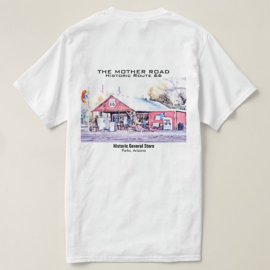 歴史的なルート66のアリゾナの雑貨店の水彩画 Tシャツ (デザイン裏面)