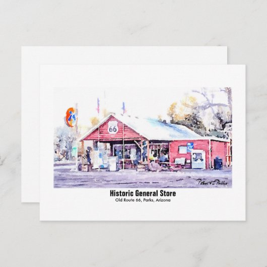 歴史的なルート66 アリゾナ州のジェネラルストア 水彩画 ポストカード (正面/裏面)