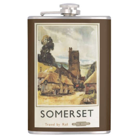 歴史的な村場面イギリスの鉄道ポスター フラスク (正面)