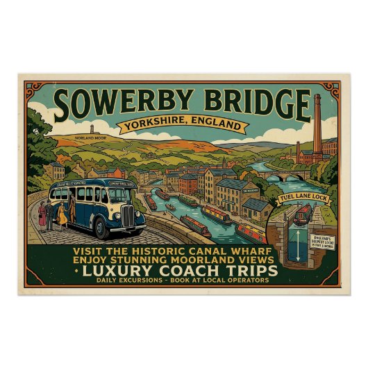 歴史的なSowerby Bridge Canal Wharfのヴィンテージアート ポスター (正面)