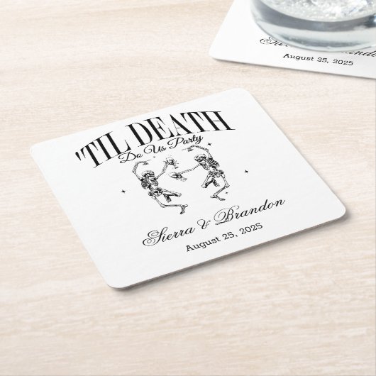 死が我々のパーティーパーソナライズされたの結婚ナプキン スクエアペーパーコースター (アングル)