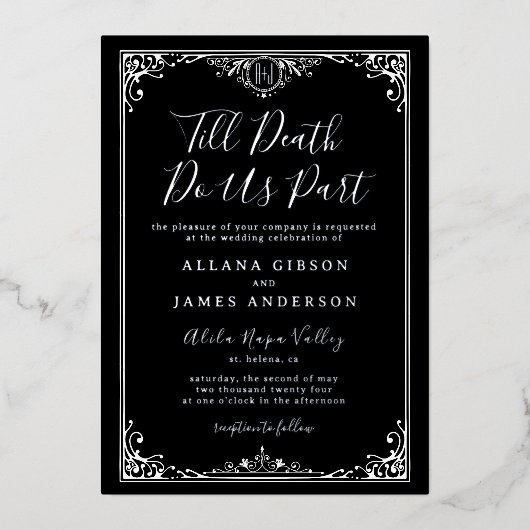 死ぬまでゴシック様式のモノグラム結婚の 箔招待状 (正面)