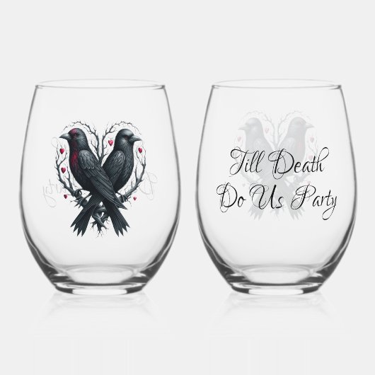 死ぬまでパーティを共にしよう2羽の黒いコウテイペンギン ステムなしワイングラス (正面)