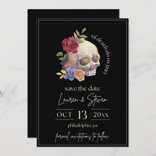 死ぬまで愛を誓う フローラル スカル セーブ・ザ・デート 招待状 (正面/裏面)