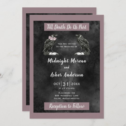 死ぬまで愛を誓う 黒紫のカラス婚約書 招待状 (正面/裏面)