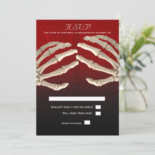 死ぬまで真紅のスケルトン ゴールド ウェディング RSVP 招待状 (スタンド正面)