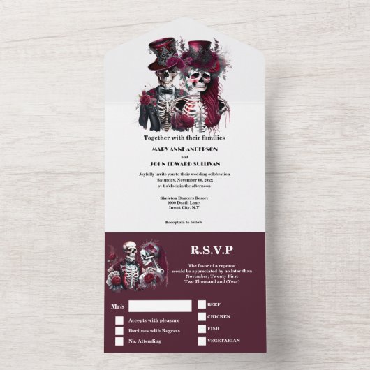 死ぬまで私たちはバーガンディのゴシック様式のカップルのシック オールインワン招待状 (内側)