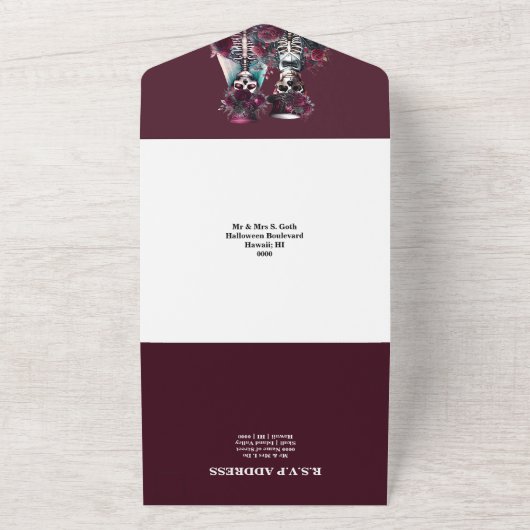 死ぬまで私たちはバーガンディのゴシック様式のカップルのシック オールインワン招待状 (外側)