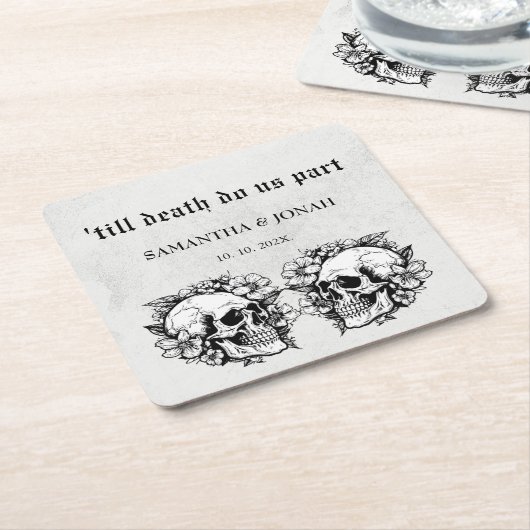死ぬまで私たちは一部ゴシック様式のスカル結婚式の引き出物 スクエアペーパーコースター (アングル)