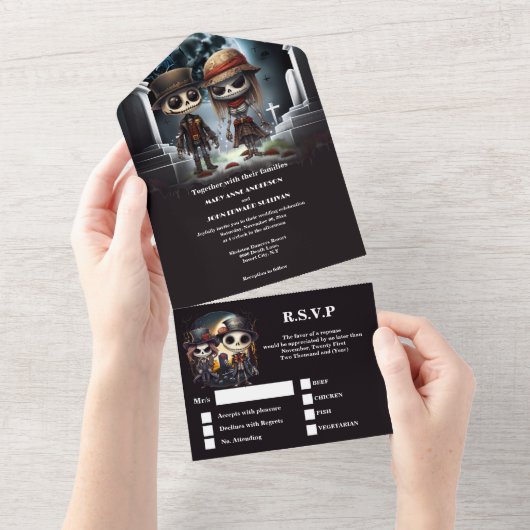 死ぬまで花嫁の骸骨 ゴシック ダークユーモア オールインワン招待状 (貼ってはがせる)