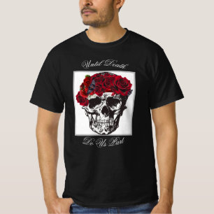 死ぬまで赤いバラのスカルブラック Tシャツ