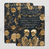 死ぬまで - ゴールド スケルトンとローズのウェディング 招待状 (正面/裏面)