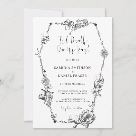 死のゴシック様式の手描き花スカル棺 招待状 (正面)
