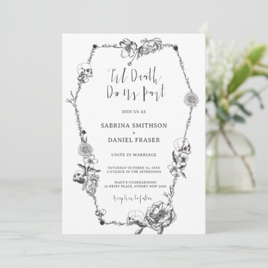 死のゴシック様式の手描き花スカル棺 招待状 (スタンド正面)