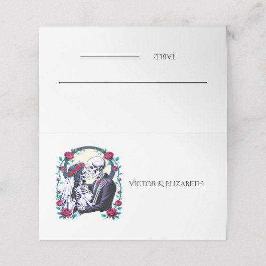 死のゴシック様式の骨格カップルのピンクのローズ結婚ズ プレイスカード (外部開封)
