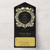 死のゴシック様式の黒と金ゴールドモノグラム結婚の オールインワン招待状 (内側)
