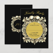 死のゴシック様式の黒と金ゴールドモノグラム結婚の 出欠カード (正面/裏面)