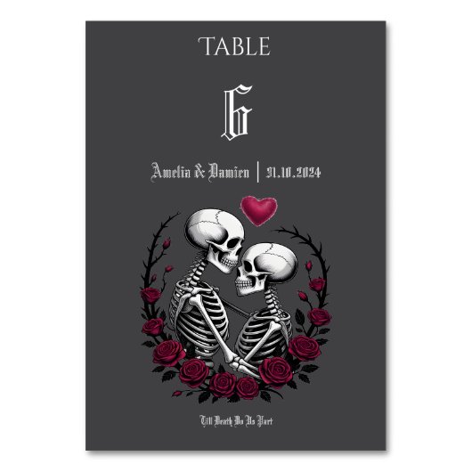 死のスケルトンのカップルまでゴシック結婚バラ テーブルナンバー (正面)