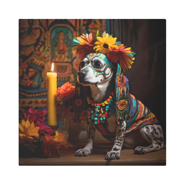 死の日の祭壇に入ったチャムコ犬 メタルプリント (正面)