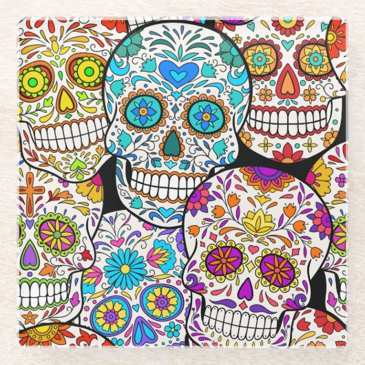 死の日:メキシコ鮮やかンの模様。 ガラスコースター (正面)