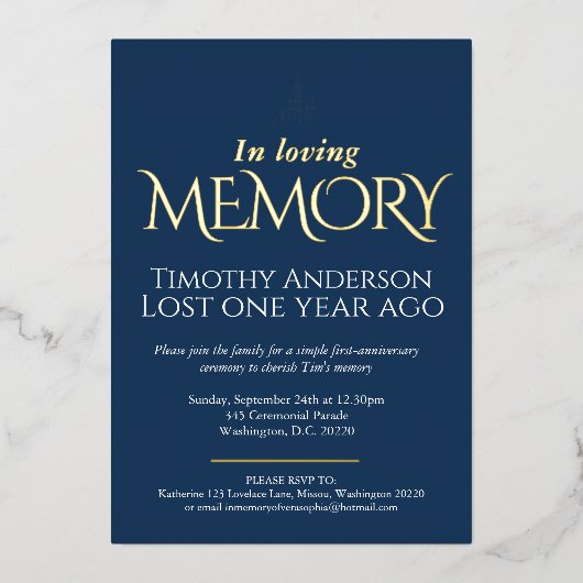 死の記念日白い鳩の青い写真 箔招待状 (正面)