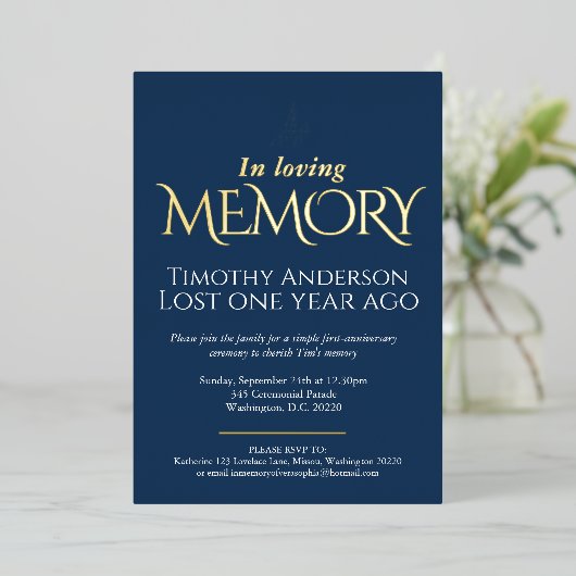 死の記念日白い鳩の青い写真 箔招待状 (立ち正面)