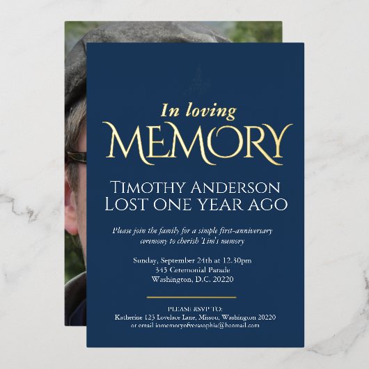 死の記念日白い鳩の青い写真 箔招待状 (正面/裏面)