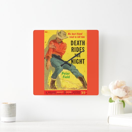 死はナイトウェスタンの本のカバーに乗る スクエア壁時計 (ホーム)