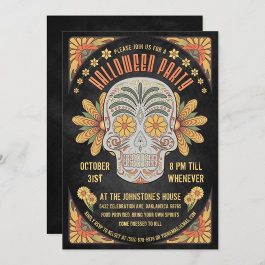 死んだスカルのハローウィンパーティの招待状の日 招待状 (正面/裏面)