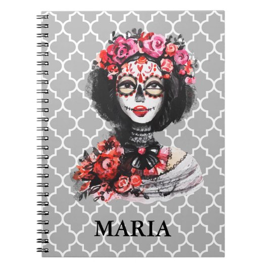 死んだスカルのローズピンクの赤の水彩画日 ノートブック (正面)