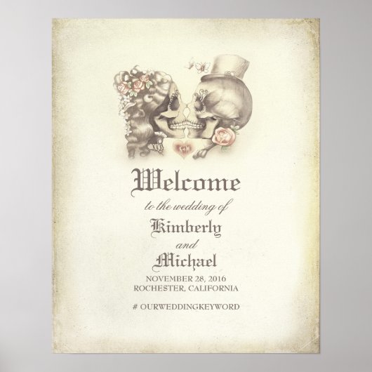 死んだスカルカップル結婚の歓迎サイン ポスター (正面)