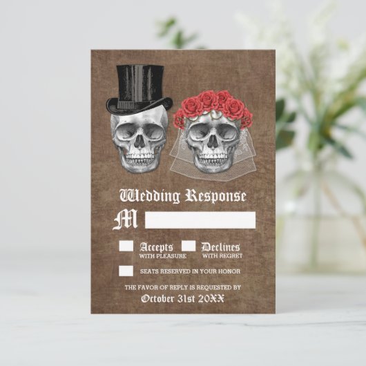 死んだスカルカップル結婚式RSVPカードの日 出欠カード (スタンド正面)
