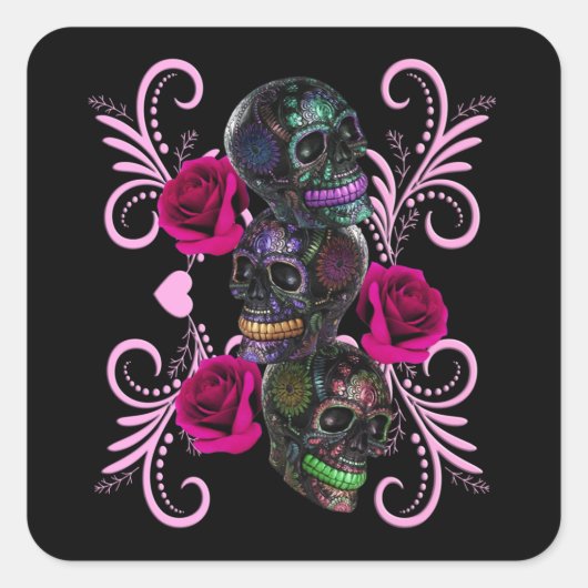 死んだスカルピンクのバラのトリプルブラックデイ スクエアシール (正面)