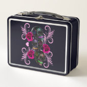 死んだスカルピンクのバラのトリプルブラックデイ メタルランチボックス (正面)