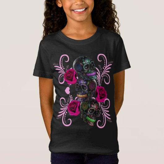 死んだスカルピンクのバラのトリプルブラックデイ Tシャツ (正面)