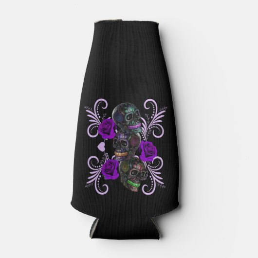 死んだスカル紫のバラのトリプルブラックデイ ボトルクーラー (正面)