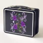 死んだスカル紫のバラのトリプルブラックデイ メタルランチボックス (正面)