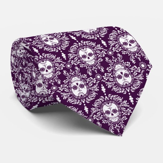 死んだダマスク織-シックな砂糖のスカルのタイ ネクタイ (ロール)