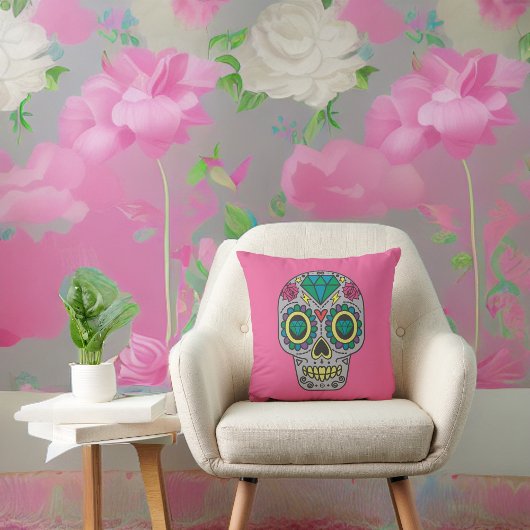 死んだバラの日とピンクの結晶スカル クッション